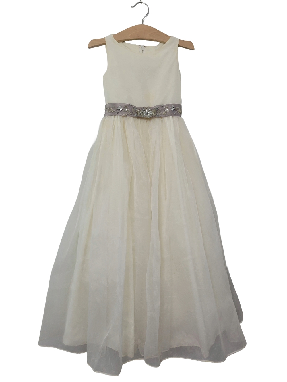 Sweet Beginnings Flower Girl Dress Size 8 Ivory Off White w/ Gray Sash